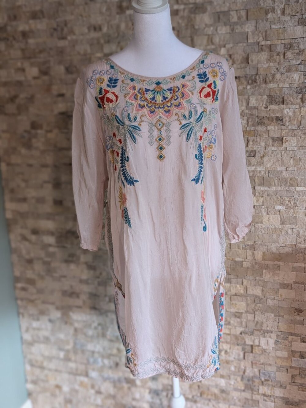 Johnny Was Sindri Pink Cupra Rayon Embroidered Tunic Blouse Shirt Small S $248